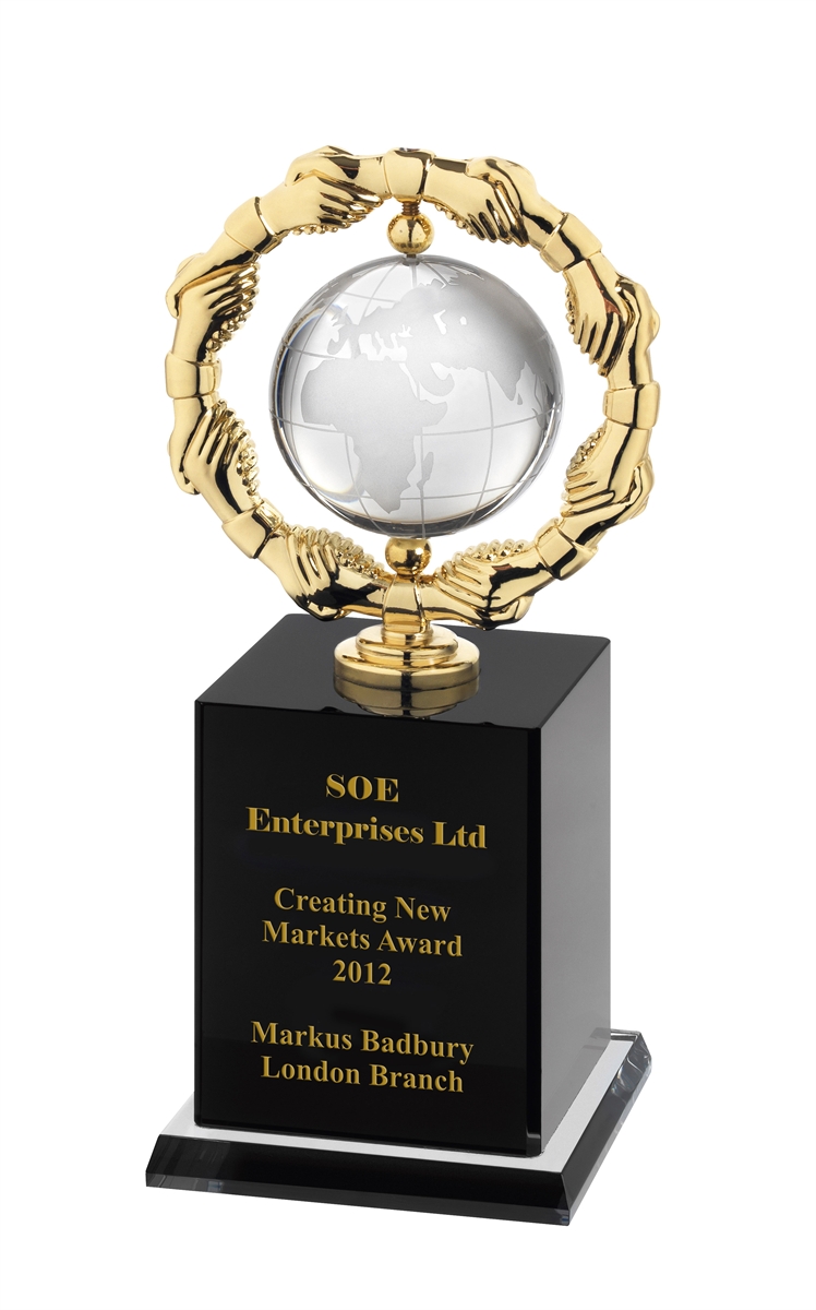 AC157 Engraved Crystal Globe Handshake Award